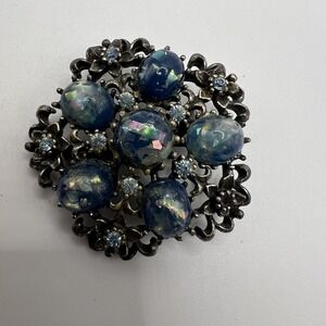 Vintage Judy Lee Brooch Pin Art Glass Silver Tone Filigree Floral Costume Jewelr